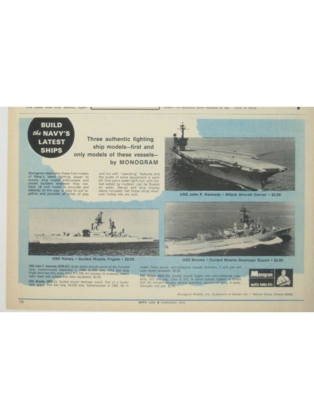 Monogram 1970 Navy Ship Models John F Kennedy Halsey Brooke Advertisement